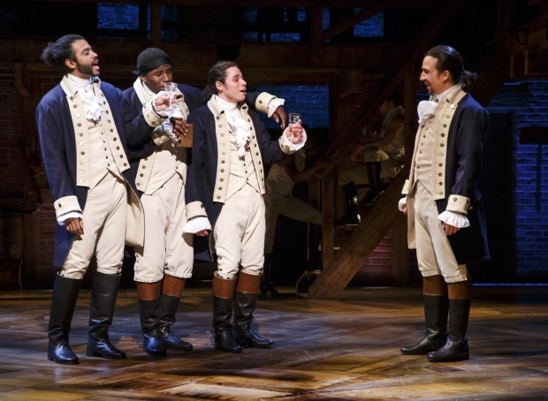 Daveed Diggs, Okieriete Onaodowan, Anthony Ramos, and Lin-Manuel Miranda star in Hamilton.