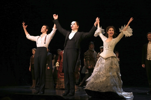 The Phantom of the Opera&#39;s Jordan Donica, James Barbour, and Ali Ewoldt take their currently call following the show&#39;s 12,000 performance on Broadway.