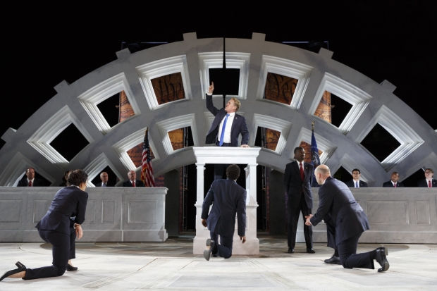 Gregg Henry (center) stars in William Shakespeare&#39;s Julius Caesar, directed by Oskar Eustis, for the Public Theater&#39;s Shakespeare in the Park at the Delacorte Theater.