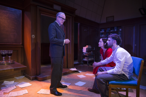 Reed Birney plays O&#39;Brien, Olivia Wilde plays Julia, and Tom Sturridge plays Winston in 1984 on Broadway.