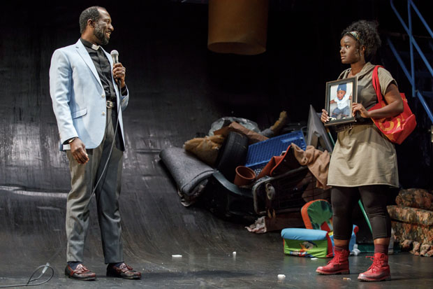 Russell G. Jones and Saycon Sengbloh appear in Suzan-Lori Parks&#39;s In the Blood, directed by Sarah Benson, at Signature Theatre.