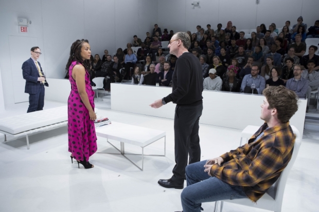 Jim Poulos, Karen Pittman, Daniel Gerroll, and Colton Ryan in &#39;&#39;The White Card&#39;, directed by Diane Paulus, at American Repertory Theater.