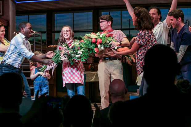 Caitlin Houlahan and Noah Galvin at curtain call for Waitress.