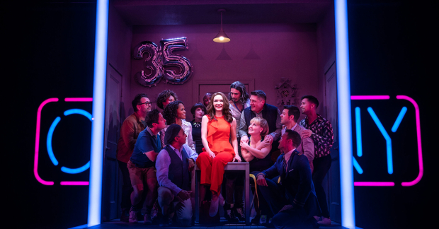 Katrina Lenk (center) as Bobbie, with the cast of Company